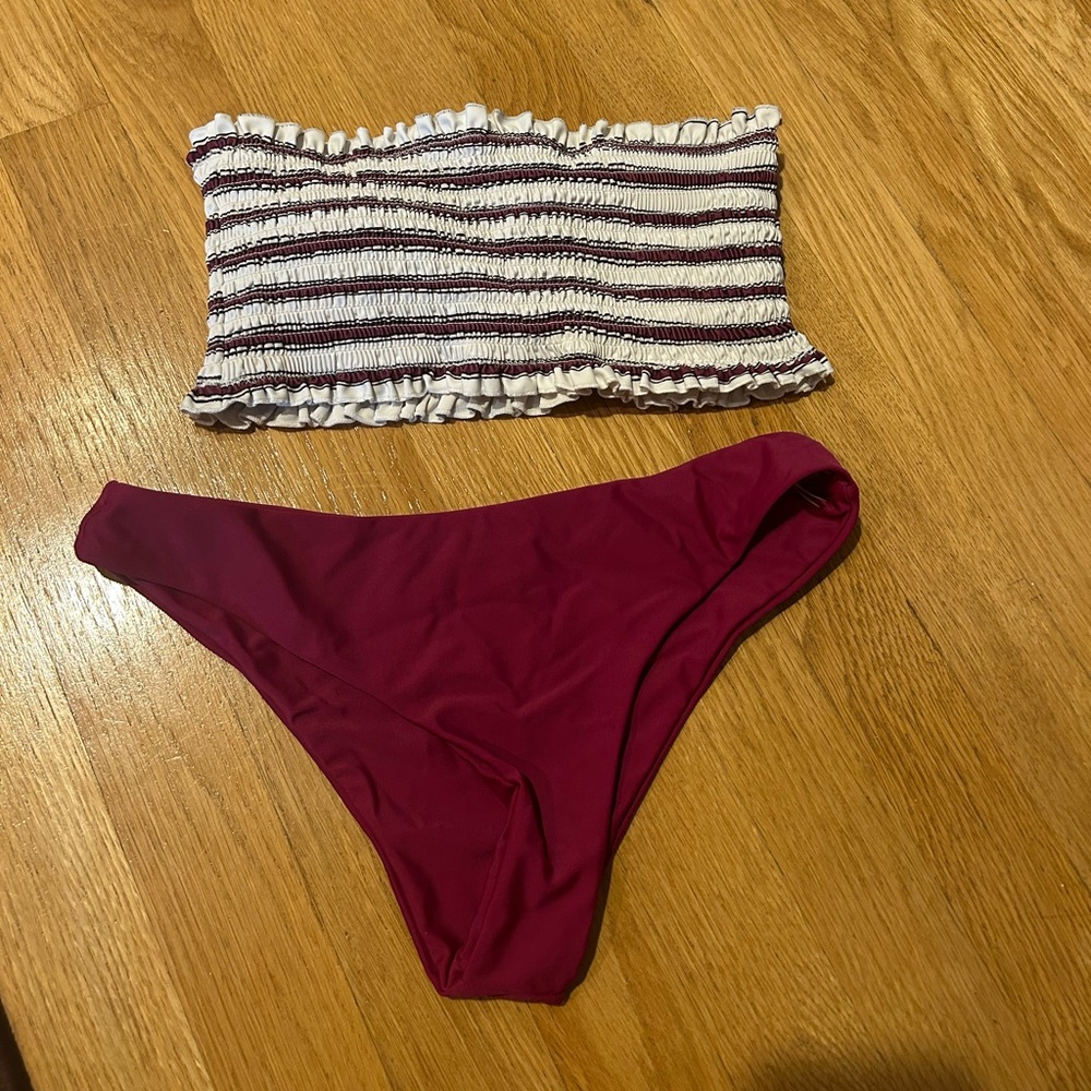Zaful Striped White and Purple Bikini with Red Bottoms